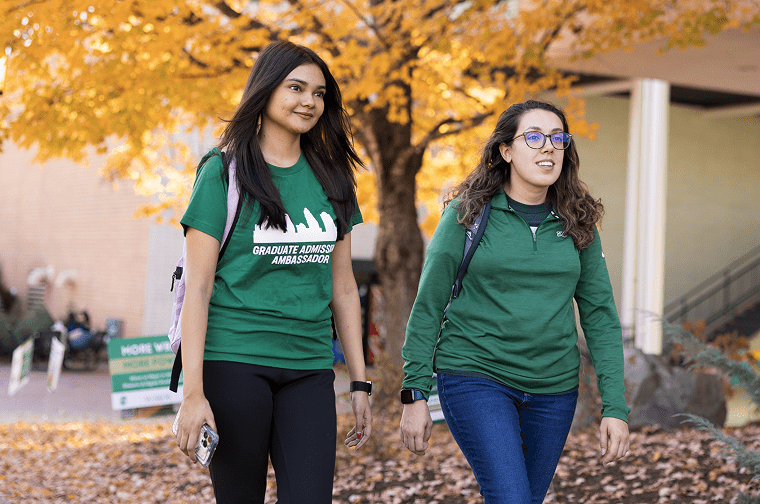 two students stroll through campus in front of a beautiful tree full of yellow leaves